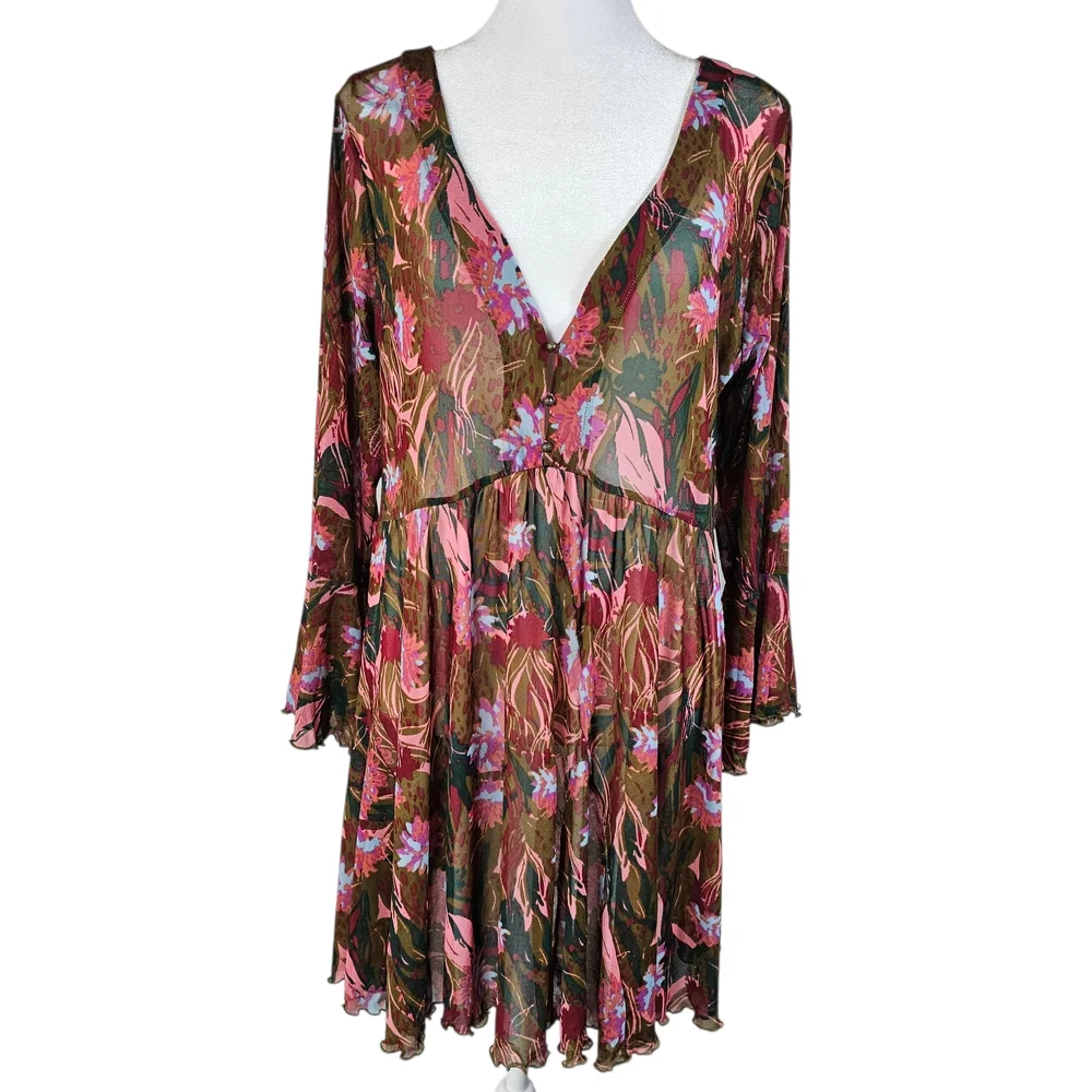 Free People Floral V-Neck Bell Sleeve Beach Babe Tunic - Picture 2 of 10